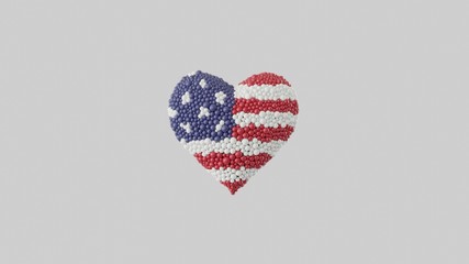 Independence day USA, 4th July. Heart shape made out of shiny spheres on white background.