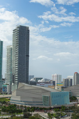 Fototapeta premium views of downtown Miami and port of miami overlooking the bay and marina of biscayne bay from a building in miami florida 