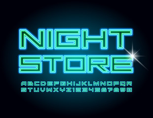 Vector trendy concept Night Store. Neon Blue and Green Font. Electric techno style Alphabet Letters and Numbers