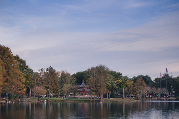 Chinese pavilion during a stroll through downtown Lake Eola on Orlando Florida on a fall winters afternoon on a weekend day.  Lake Eola Park is located in the heart of Downtown Orlando © Tamara Sales 