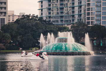 The lake cola fountain in downtown orlando florida in central florida Lake Eola Park is located in...