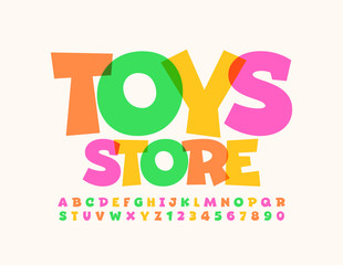 Vector playful emblem Toy Store. Colorful cartoon Font. Bright creative Alphabet Letters and Numbers