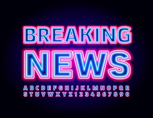 Vector digital sign Breaking News. Pink and Blue Neon Font. Bright electric Alphabet Letters and Numbers set
