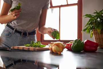 Woman preparing vegetarian dinner in a kitchen