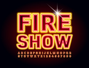 Vector bright poster Fire Show. For for Event, Entertainment, Party. Neon Alphabet Letters and Numbers