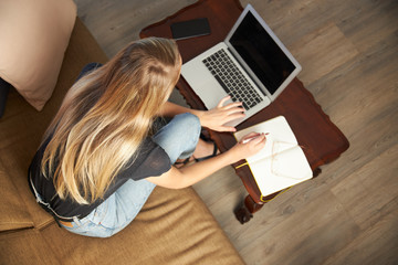 Young woman working from home on sofa