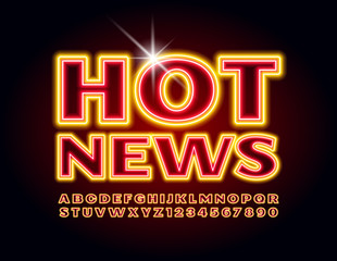 Vector media banner Hot News. Bright Neon Font. Electric Alphabet Letters and Numbers for Digital Promo