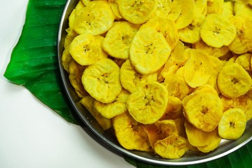Homemade Plantain / Kerala Banana chips with copy space