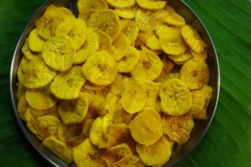Homemade Plantain / Kerala Banana chips with copy space