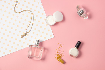 Blogging Beauty Concept. Flat lay, social networks. View from above. Women's fashion accessories on a pink background.