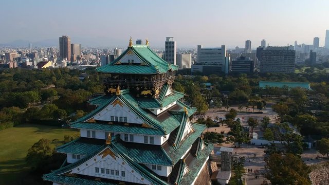 Aerial Footage of Osaka Castle and Osaka city in the Autumn