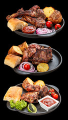 Grill set on a dark background. Lamb, beef and pork served with vegetables and sauces