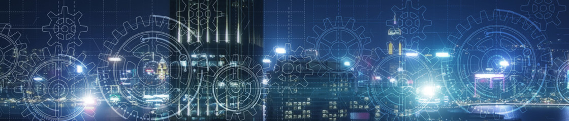 Cogs and gear wheel mechanisms. Hi-tech. Abstract Business and Technology background. Modern night city.