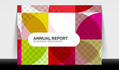 Horizontal A4 business flyer annual report template, circles and triangle style shapes modern geometric design for brochure layout, magazine or booklet