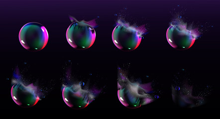 Soap bubble burst sprites for game or animation. Vector storyboard of realistic water sphere explosion with splash and drops. Set of sequence explode of glossy rainbow bubble