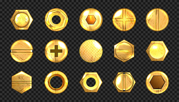 Old screw and nail heads set, golden metal bolts, grunge rusty rivets hardware yellow caps with grooves and holes top view isolated on transparent background. Realistic 3d vector illustration, icons