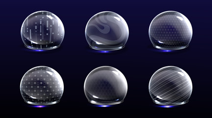 Force shield bubbles, energy glowing spheres or defense dome fields. Science fiction various deflector elements, firewall absolute protection isolated on blue background, Realistic 3d vector set © klyaksun