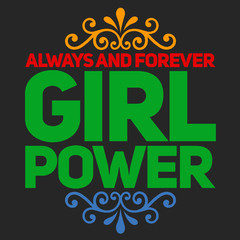 Girl power text, feminism slogan. Black inscription for t shirts, posters and wall art. Feminist sign handwritten with ink and brush. on a black background.