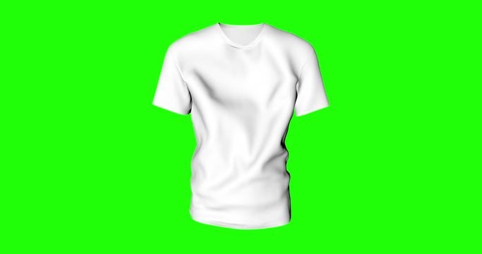 Classic fit White 3d blank t-shirt waving in the wind, with a green screen chroma key background. Template. 