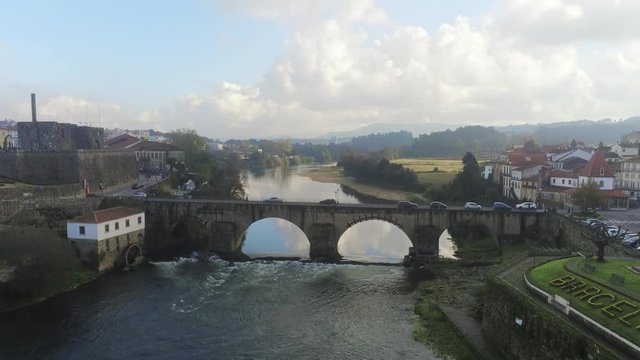 Bridge of Barcelos, historical city of Portugal Aerial Drone Footage