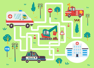 Help the ambulance find the right path to the hospital. Color maze or labyrinth game for preschool children. Puzzle. Tangled road. Transport for kids