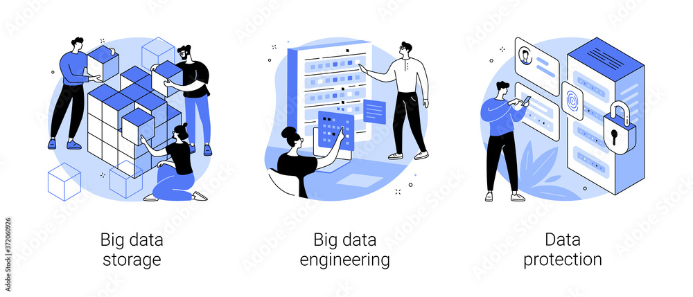Poster database security abstract concept vector illustration set. big data storage, big data engineering, 