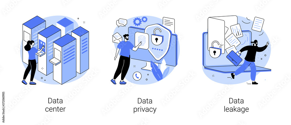 Poster internet privacy abstract concept vector illustration set. data center, data privacy and leakage, co
