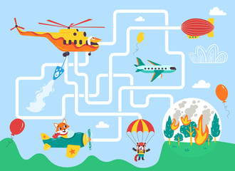 Naklejka premium Help the fire helicopter find the right way to extinguish the fire. Color maze or labyrinth game for preschool children. Puzzle. Tangled road. Transport for kids