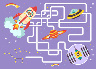 Help the spaceship find the right way to the international space station. Color maze or labyrinth game for preschool children. Puzzle. Tangled road. Transport for kids
