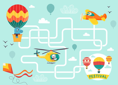 Help the hot air balloon find the right way to the festival. Color maze or labyrinth game for preschool children. Puzzle. Tangled road. Transport for kids