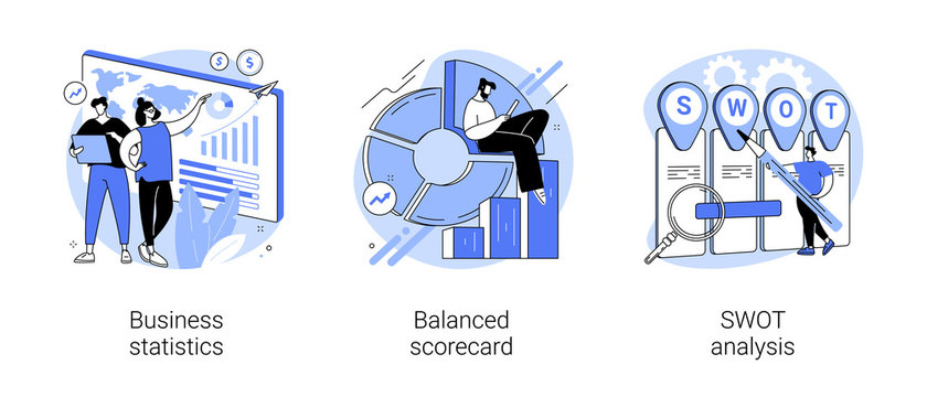 Company Performance Analysis Abstract Concept Vector Illustration Set. Business Statistics, Balanced Scorecard, SWOT Analysis, Enterprise, Strategic Goal, Project Planning, Progress Abstract Metaphor.