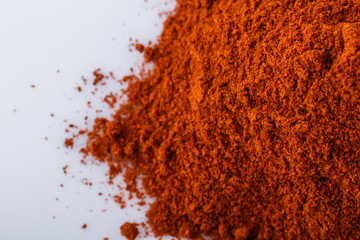 aromatic spicy chili powder on a white background