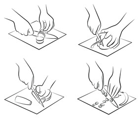 Collection. Processing of vegetables. Slice carrots, cucumber, cabbage on a kitchen board. The hands of the cook are preparing food. Vector illustration set.