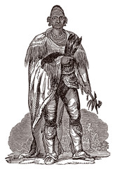 Fototapeta na wymiar Black Hawk, historic Sauk chief in full body view, holding a tomahawk. Illustration after an antique engraving