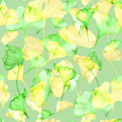 Seamless floral hand drawn patter. Watercolour painted Ginkgo biloba autumn leaves.