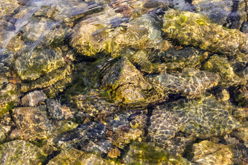 The texture of the water of a lake with clear water, at the bottom of which there are stones.