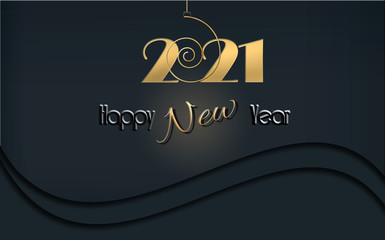 Luxury Happy New 2021 Year design with hanging gold 2021 digit on black background. Winter holidays graphic, web design, business card, calendar cover. Copy space. 3D illustration