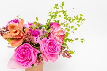 Bunch of pink roses isolated on white background. Close-up.