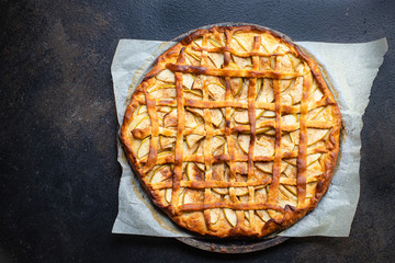 Apple pie sweet homemade baked dessert serving portion size raw natural product top view copy space...