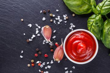 Fresh natural tomato ketchup on stone background