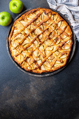 Apple pie sweet homemade baked dessert serving portion size raw natural product top view copy space text space