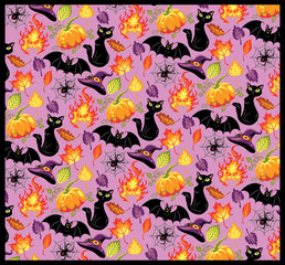 Seamless pattern for Halloween with cartoonish details. Purple background.