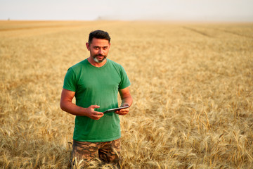Naklejka na ściany i meble Precision farming. Farmer holding tablet pc, using online data management software at wheat field. Agronomist working with touch computer screen, control, analyse agriculture business. Innovative tech