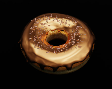 Golden donut with golden glaze, sweet unusual doughnut on black background, jewelry craftsmanship, 3d render