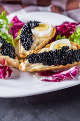 delicious snack tartlets on dark stone background