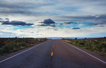 The road passing through the prairie against the backdrop of a cloudy sky.