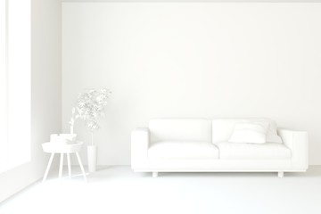 White minimalist living room with sofa. Scandinavian interior design. 3D illustration