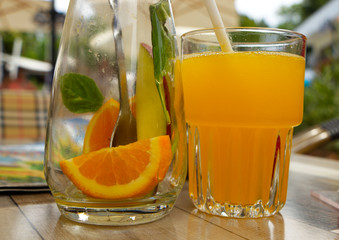 A bottle and glass with fresh lemonade.