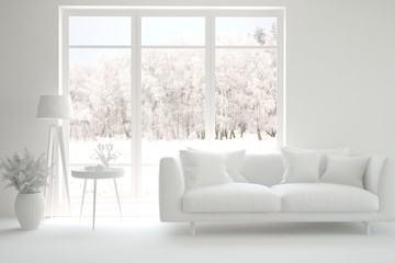 White living room with sofa and winter landscape in window. Scandinavian interior design. 3D illustration