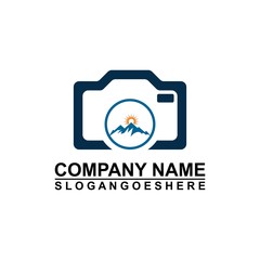 Logo photo camera and mountain, digital version nature creative symbol concept. Logo Outdoor adventure and logo Mountain tourism, hiking